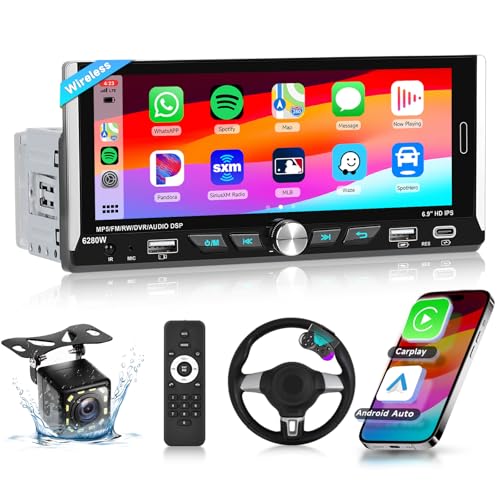 Podofo Wireless Carplay Single Din Radio with Wireless Android Auto, 6.9' HD IPS Touchscreen Car...