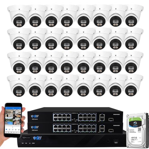 GW Security 32 canales 4K NVR 8MP Sistema de cámara de seguridad de visión nocturna a color completo con (32) domo UltraHD 4K IP micrófono cámaras de seguridad PoE para exteriores, detección humana AI