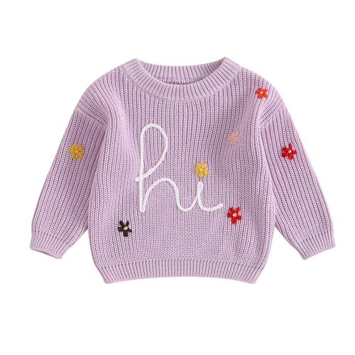 Toddler Infant Newborn Baby Girl Boy Sweater Hi Floral Knit Crewneck Sweatshirt Pullover Fall Winter Clothes (Purple, 0-3 Months)