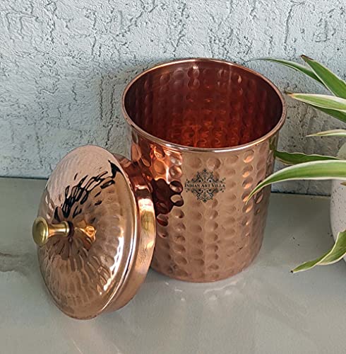 Image of INDIAN ART VILLA Pure Copper Hammered Storage Box /Container - Set of 2, 900 ML Each, Decorative Copper Container with Brass Knob for Kitchen & Home Organization