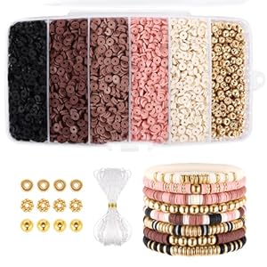 Funtopia 5200+ Pcs Brown Clay Beads Bracelet Making kit, Heishi Beads Polymer Clay Beads for Jewelry Making, Friendship Bracelet Kit with Gold Beads Charms for Girls Adults (6mm)