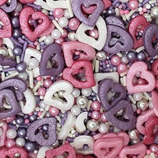 Glimmer Hearts Mixed Sprinkles - 35g of Pink, Purple, Silver & White Cake Toppers Decorations, Pearls 100s 1000s Mini Balls Nonpareils Strands Hearts