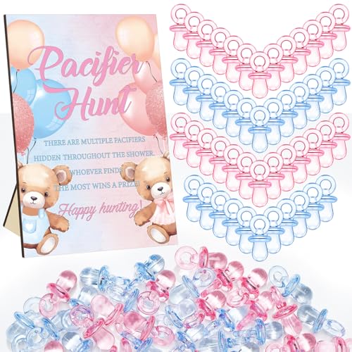 Image of Thyle 51 Pcs Bear Pacifier Hunt Baby Shower Games Include Hunt Sign and 50 Acrylic Pacifiers for Pink and Blue Baby Shower Game Decoration Sets Gender Reveal Newborn Announcement Party Decor