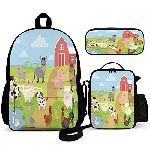 KiuLoam Farm Animals Kids Backpack Set 3 Piece Back To School 16 Inch Book Bag With Lunch Bag Pencil Case For Boys Girls 1-6th Grade