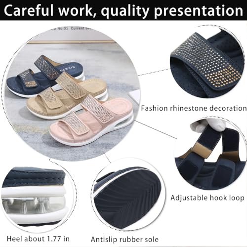 Women's Rhinestone Two Strap Wedge Slippers - Round Open Toe Slip-On Sandals with Arch Support & Air Cushion | Comfortable Platform Slingback for Casual Outdoor Wear3