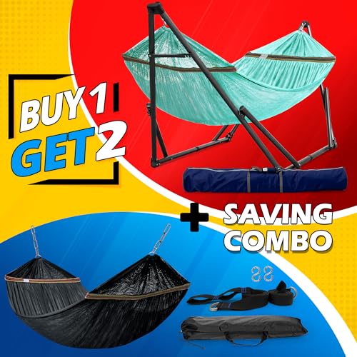 Image of Tranquillo Combo x2 Hammocks with Stand for Outside & Tree Straps, Heavy Duty Hammock with Stand 600lbs for Indoor Outdoor Patio Backyard, x2 Hammocks for 2 Person (Combo - Sky, Medium)