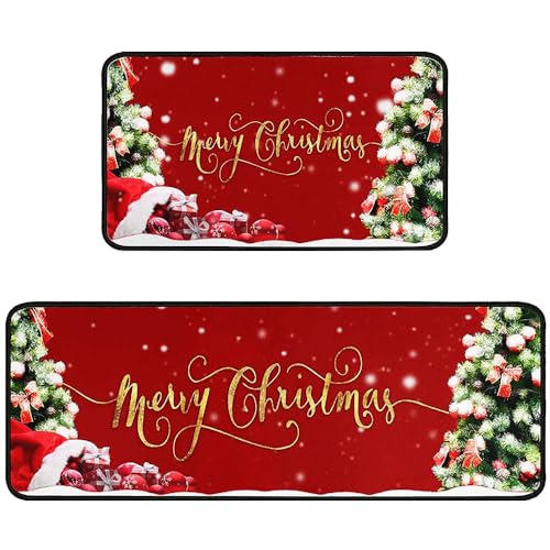 Wvapzwr Christmas Kitchen Rugs and Mats Set of 2, Christmas Indoor Floor Mats Non-Slip Kitchen Mat Door Mat Runner Rug for Kitchen Home Christmas Decor 17