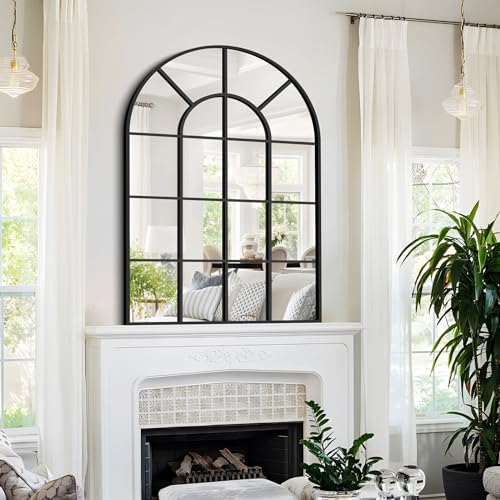 Black Frame Arched Wall Mirror, 30x40 inch - Decorative Window Pane Style for Living Room or Bedroom
