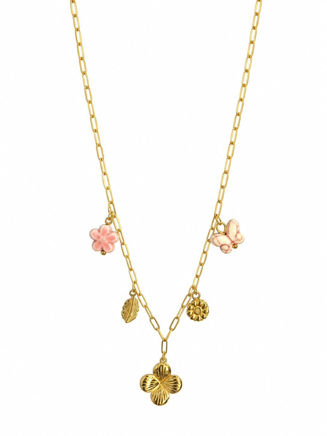 Gold Plated Charm Necklace for Women | Pink Flower & Butterfly Pendant Necklace | Stainless Steel Anti Tarnish Paperclip Chain | Adjustable Cute Floral Jewelry Gift for Girls-picture-12