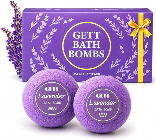 GETT Lavender Bath Bombs 2 Pack (60g Each) Individually Wrapped Bath Bombs for Women Bubble Bath Bombs with Essential Oils Aromatherapy Spa Gift Set Relaxing Moisturizing Self Care Gifts