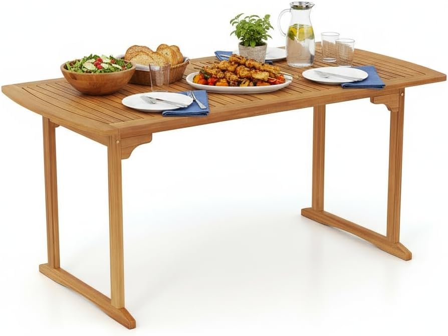 Tangkula 63-Inch Acacia Wood Outdoor Dining Table, 4-6 People Large Patio Table with Umbrella Hole & Slatted Tabletop, Rectangular Outside Table for Backyard, Garden, Porch, Deck