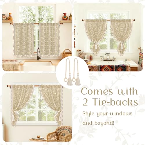 Image of Yinhua Boho Kitchen Curtains 36 Inch Length Vintage Linen Cafe Curtains Light Filtering Bohemian Floral Tier Rod Pocket Farmhouse Rustic Tassel Small Drapes with Tiebacks, 2 Panels, Natural