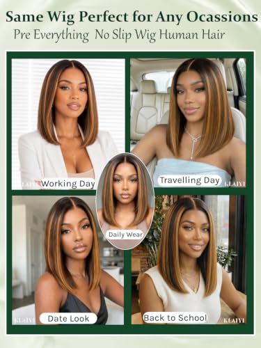 Image of KLAIYI Brown to Blonde Bob Straight Precut 7x5Lace Front Wig Human Hair 10 inch