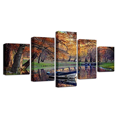 Impression sur toile Forest lake boat en 5 pièces pour salon