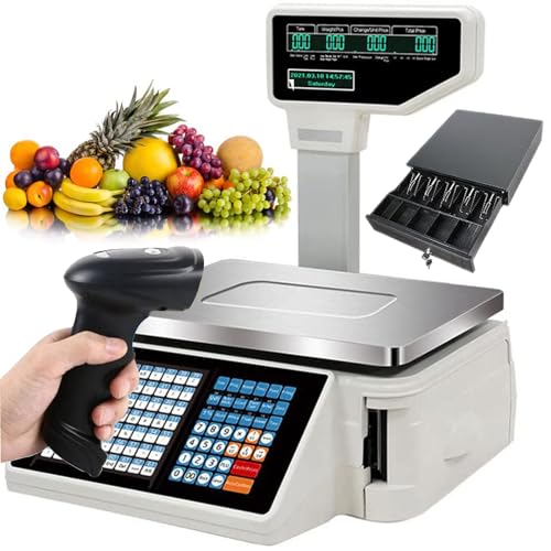 LYDZUSDP Digital Price Label Printing Scale,Electronic Weight Calculator Barcode Scales,Electronics Barcode Thermal Printer,for Retail Store(Machine+Scanner+Cashbox)