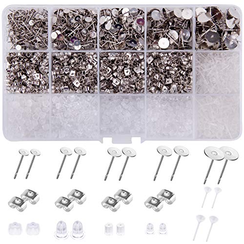 BQTQ Earring Posts and Backs, 2700pcs Earring Making Supplies with Stainless Steel Earring Posts and Earring Backs Flat Pad Earring Studs for Jewelry Making