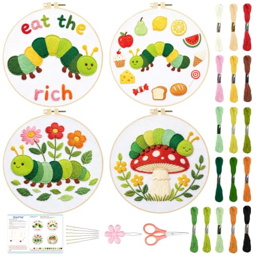 Image of BEUNITONE 4 Set Embroidery Kits for Beginners with Easy Caterpillar Pattern, DIY Craft Kits Include Instructions and 2 Embroidery Hoops, Cross Stitch Needlepoint Kits for Craft Lover and Home Decor