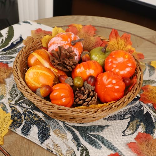 winemana 50pcs Fall Decorations for Home- Mini Pumpkins, Autumn Leaves & Acorns Centerpiece Set -Thanksgiving Harvest Decor for Table, Mantle, Party Backdrop