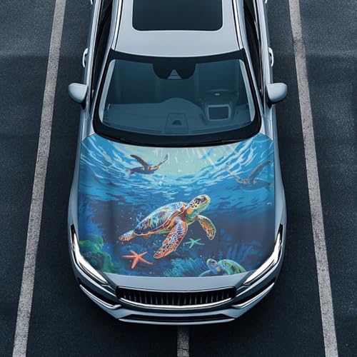 Image of Sea Turtle Car Hood Cover Elastic Fabrics Car Hood Cover Protector Vehicles Decorate Engine Easy to Install and Clean Car Decor Accessories Fit Most Car