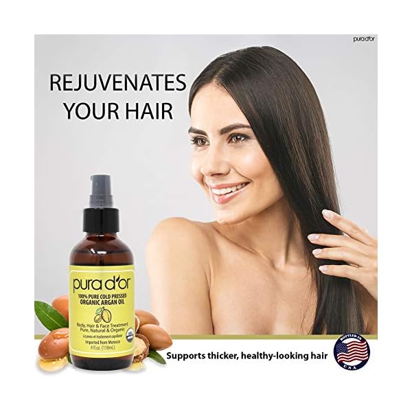 PURA D'OR Organic Moroccan Argan Oil (4oz / 118mL) USDA Certified 100% Pure Cold Pressed Virgin Premium Grade Moisturizer Treatment for Dry, Damaged Skin, Hair, Face, Body, Scalp (Packaging may vary)