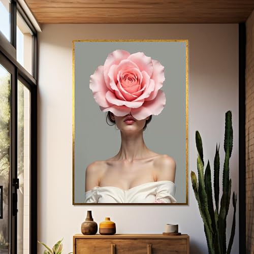 Art mural de salon chic : portrait sur toile femme élégante et fleurs déco bohème 60x90 cm