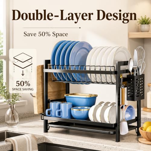 Image of COMFYHOME Utensils Drying Rack, 2-Tier Carbon Steel Dish Drying Rack, Saving Countertop Organizer with Drainboard, Drainer Tray & Utensil Holder,Rust-Resistant Suitable for Plates, Cutlery, Bowls.