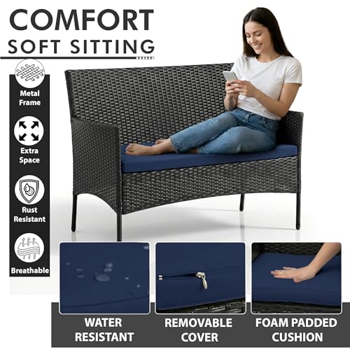 Image of OUTLIVING Outdoor 4 Seater Sofa Set || Patio Furniture Sets || Balcony Sofa || Indoor Sofa || Wicker Rattan Garden Sofa Set with Cushion and Center Table (Black /Navy Blue)