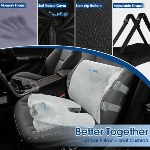 Image of CloudBliss Lumbar Support Pillow & Seat Cushion Set for Office Chair,Desk Chair,Wheelchair & Car-Memory Foam Back Support, Ergonomic Chair Cushions, Sciatica Pain Relief,Home Essentials(Light Grey,XL)