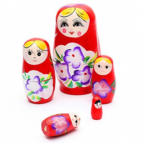 TOOGOO(R) Matushka 5X Matroshka Babuschka Matryoshka Matushka Matyoshka Russian Wooden Doll Color: Red