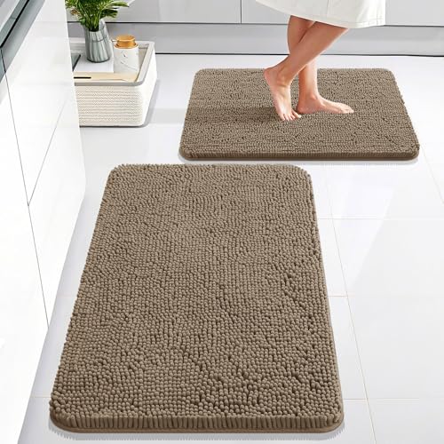 Image of OLANLY Bathroom Rugs Sets 2 Piece, Soft Absorbent Chenille Bath Mats Area Rug Set, Non-Slip, Quick Dry, Machine Washable Bath Mats for Bathroom, Home Decor Accessories (30 inchx20 inch+24 inchx16 inch, Tan)