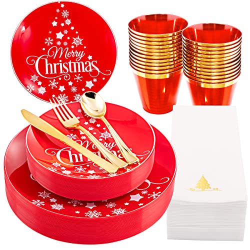 Nervure 175Pcs Christmas Plastic Plates & Christmas Plates Dinnerware Include 25Dinner Plates, 25Salad Plates, 25Cups, 25Forks, 25Knives, 25Spoons And 25 Christmas Napkins Perfect For Christmas Party #TOP27