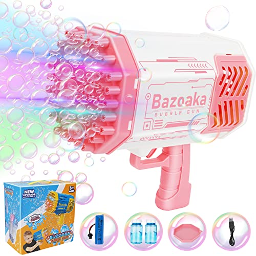 Bubble Machine Bubble Gun 69 Holes with Colorful Lights Rocket Boom Bubble Gun Blower for Adults Kids Rocket Launcher Bubble Machine Toys for Outdoor Birthday Wedding Party Gift (Pink)