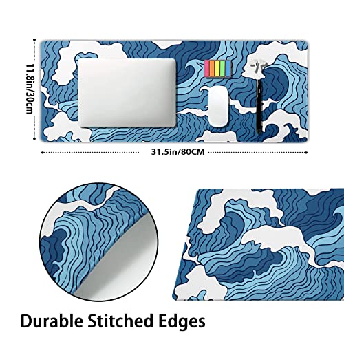 Image of Japanese Blue and White Wave Gaming Mouse Pad XL Anime Sea Texture Extended Large Desk Mat Big Mousepad Non-Slip Rubber Base Stitched Edge Long Desk Pad for Desktop PC Computer Gamer,31.5x11.8 Inch