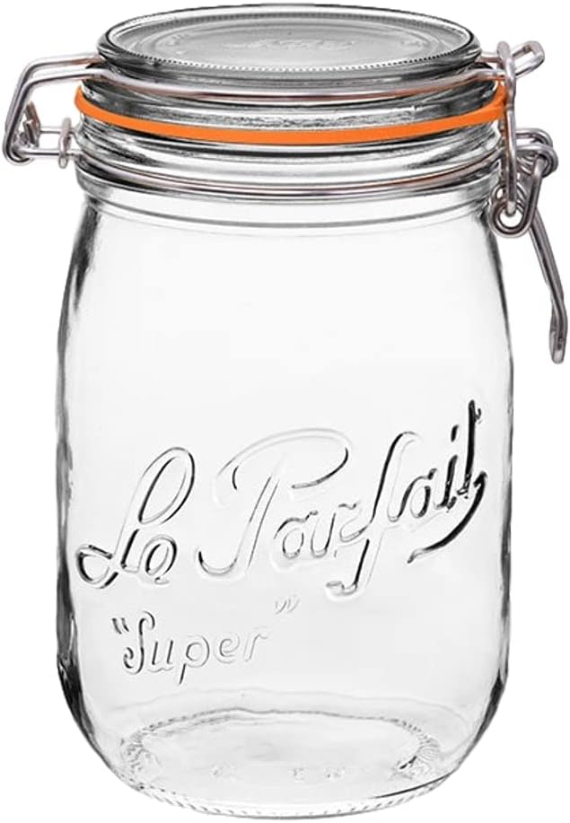 Super Jar 1L (32oz) French Glass Preserving Jar w/Airtight Rubber Seal & Wire Bail Closure - BPA-Free Canning Jar for Pickles, Fruits, Sauces & Food Storage - Made in France Since 1930 1PK