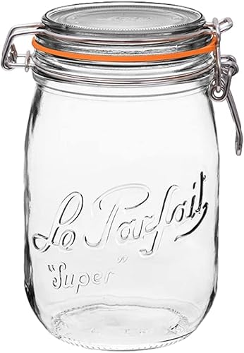 Le Parfait Super Jars Tarros de vidrio para conservas estilo francés de boca ancha con cuerpo redondeado tapas de vidrio y sellos de hule natural