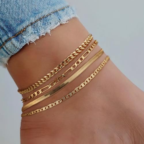 Image of Rotnso Anklets for Women 14K Gold Silver Plated Ankle Bracelets Trendy Waterproof Boho Anklets Set Adjustable Dainty Cute Diamond Beaded Heart Non Tarnish Summer Beach Jewelry Gift