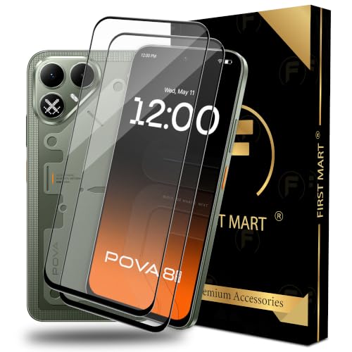 Image of FIRST MART Tempered Glass Screen Protector for Tecno Pova 8 - Full-Glue Screen Guard, 3D Edge to Edge, HD Clear, Bubble-Free, Case-Friendly, Black, Pack of 2