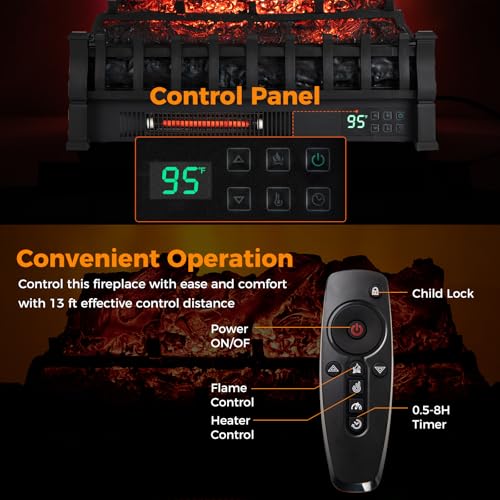 Image of Tangkula 23 Inch Infrared Quartz Electric Fireplace Lemon Wood Log Heater, Fireplace Insert with Remote Control, Adjustable 3D Flame Colors & Brightness, 8H Timer, Overheat Protection, 1500W
