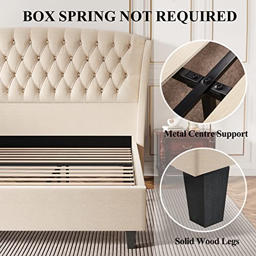 Jocisland Upholstered Bed Frame King Size Deep Button Tufted Handmade Headboard(Beige) #TOP6