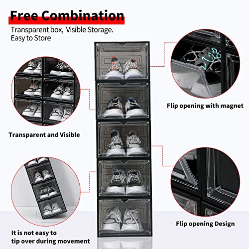 Kenyatta Shoe Storage,6 Pack Shoe Boxes Clear Plastic Stackable,Shoe Organize,(Black) For Sneaker Display,Easy Assembly,Fit Up To Us Size 12(13.4”X 10.6”X 7.4”), (Clear) #TOP4
