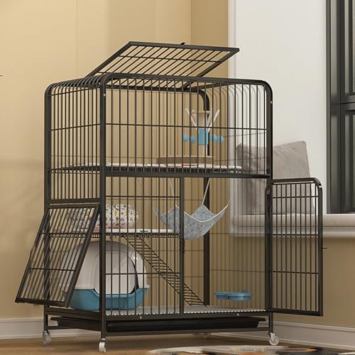 VIGSNTEP Cat Crate Small Sturdy Cat Cages Indoor Made of Metal, Cat Cages for Indoor Cats with Wheels 2 Colors 8 Sizes(Black,71 * 48 * 110cm)