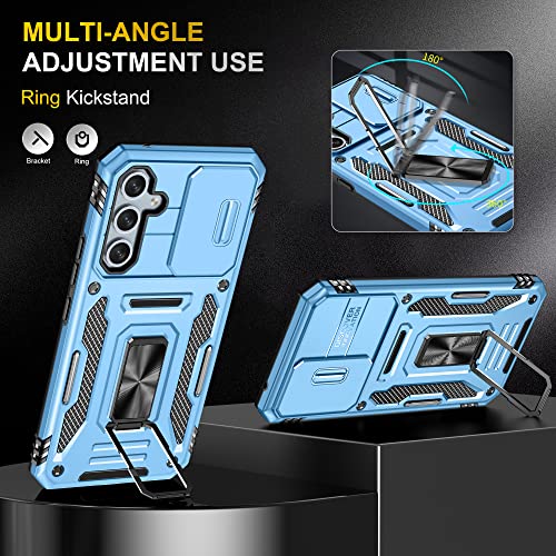 Image of Polycarbonate Slide Camera Cover with Ring Holder Mobile Phone Back Cover for Samsung Galaxy A34 5G (Blue)