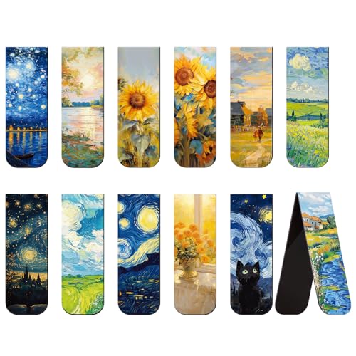Uniclife 12 Pcs Magnetic Bookmark with Oil Painting Designs Bookmarks for Women Magnet Book Marks for Book Lovers Artistic Book Markers Clip for Readers Teachers Adults and Men