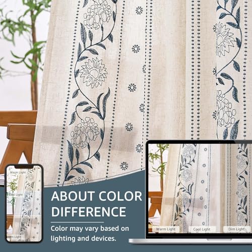 Image of jinchan Blue Floral Linen Curtains for Living Room 72 inch Back Tab 2 Panels