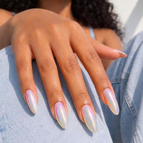 Image of Secret Lives Chrome Finish Almond Shape Press On Fake Artificial Nails Extension 24-Piece Set with kit For Girls Women