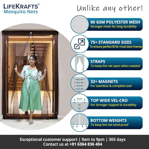Image of LifeKrafts Magnetic Mosquito Net for Door | Heavy Duty 80 GSM Mesh | Premium Polyester Material | Auto-Closing Insect Screen for All Door Types | Keeps Mosquitoes & Bugs Out |(215x120 cm, Grey)