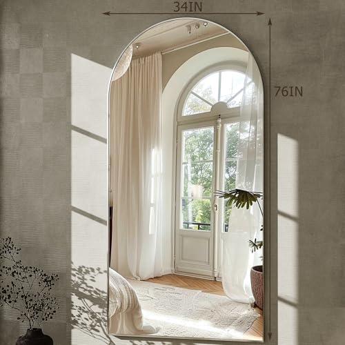 GLSLAND-34x76 inch Wall Mount Arched Full Length Mirror-Aluminum Alloy Frame High Definition-Full Body Mirror for Bedroom or Living Room,Silver