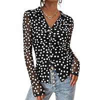 PRETTYGARDEN Women Button Down Floral Shirts 2025 Fall Trendy Long Sleeve V Neck Ruched Fitted Mesh Blouse Tops Date Outfits (01 Dot Black White,Small)