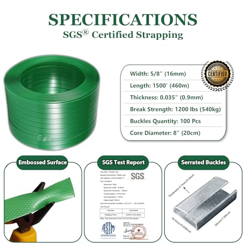 packaging strapping pallet strapping banding strapping coil 5834 x 1500 ft x 003534 pet polyester strapping and 100 buckles - heavy-duty certified 1200 lbs break plastic strap