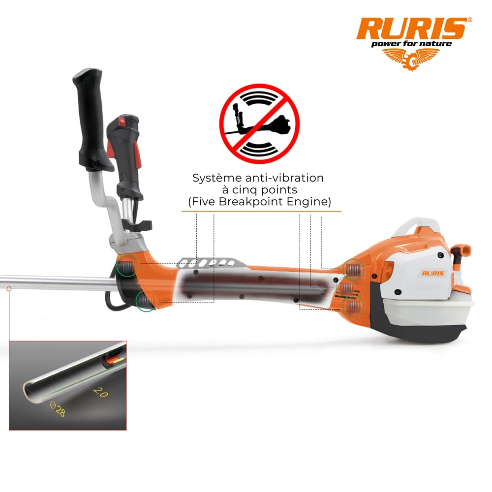 RURIS Power for Nature Débroussailleuse Thermique RR400C 2 Temps 41,5 cm3, 2,8 CV, 255mm - Harnais Dual Balance, Système Antivibrations 5 Points, Orange